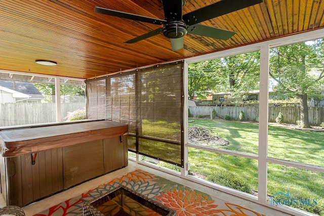 717 Birch St, Bowling Green, OH 43402 - sunroom / solarium featuring a hot tub, ceiling fan, and healthy amount of natural light