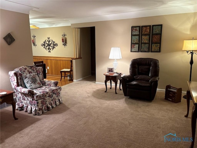 243 W S Boundary St, Perrysburg, OH 43551 - living area featuring carpet flooring, a wainscoted wall, and wood walls