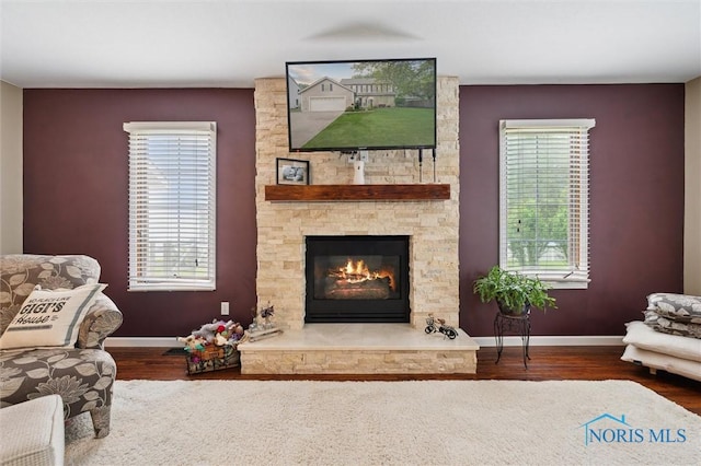 6200 Swiss Garden Rd, Toledo, OH 43612 - living room featuring wood finished floors, baseboards, plenty of natural light, and a fireplace