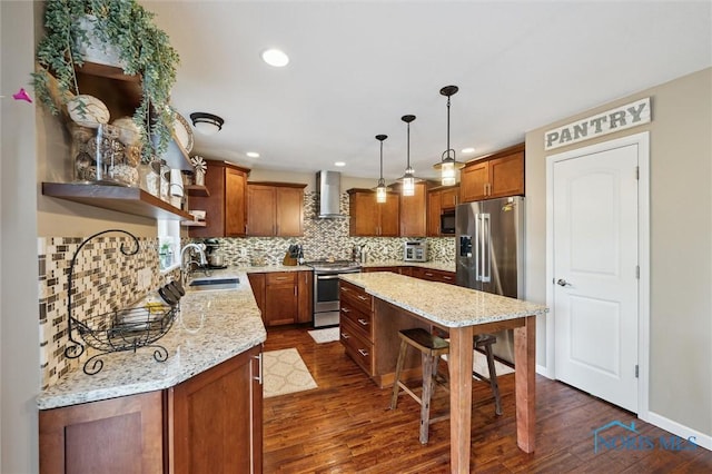 6200 Swiss Garden Rd, Toledo, OH 43612 - kitchen featuring open shelves, wall chimney range hood, appliances with stainless steel finishes, a sink, and backsplash