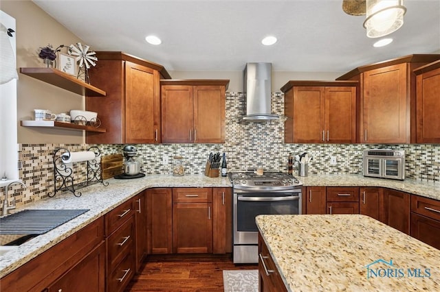 6200 Swiss Garden Rd, Toledo, OH 43612 - kitchen with wall chimney range hood, gas range, dark wood finished floors, open shelves, and light stone counters