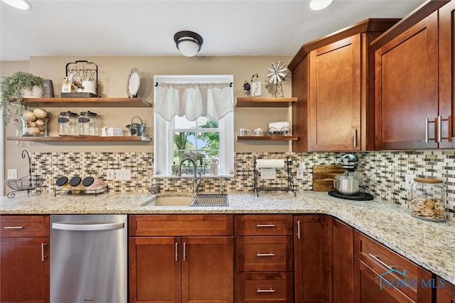 6200 Swiss Garden Rd, Toledo, OH 43612 - kitchen with open shelves, dishwasher, a sink, and tasteful backsplash