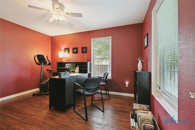 6200 Swiss Garden Rd, Toledo, OH 43612 - home office with dark wood-type flooring, a ceiling fan, and baseboards