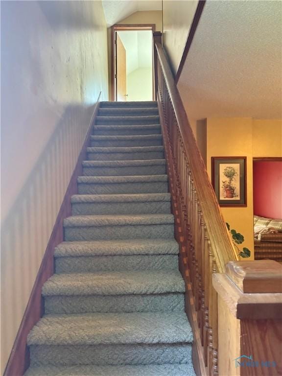 429 N Park St, Deshler, OH 43516 - stairs featuring lofted ceiling, carpet flooring, and a textured ceiling