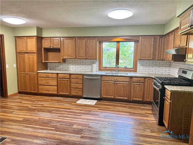 429 N Park St, Deshler, OH 43516 - kitchen with appliances with stainless steel finishes, under cabinet range hood, wood finished floors, and decorative backsplash