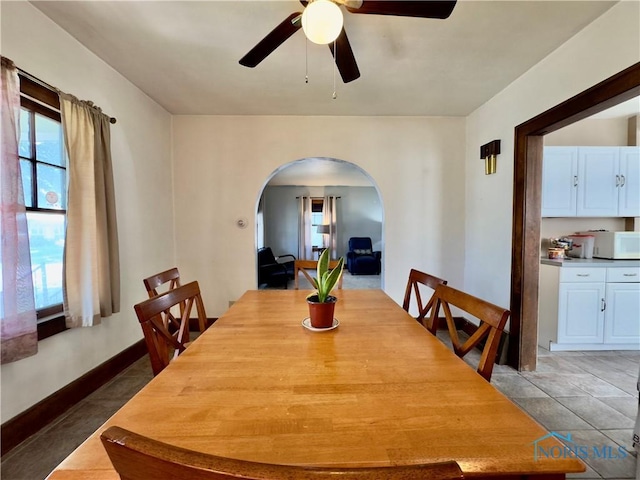 2135 Airport Hwy, Toledo, OH 43609 - dining room featuring arched walkways, ceiling fan, and baseboards
