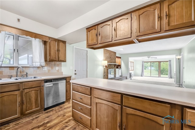 1 Hawthorne Dr, Delta, OH 43515 - kitchen with dishwasher, a sink, light wood-style flooring, ceiling fan, and light countertops