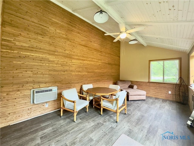 12949 Shaffer Rd, Swanton, OH 43558 - sitting room with wood walls, a wall unit AC, wood finished floors, a ceiling fan, and wood ceiling