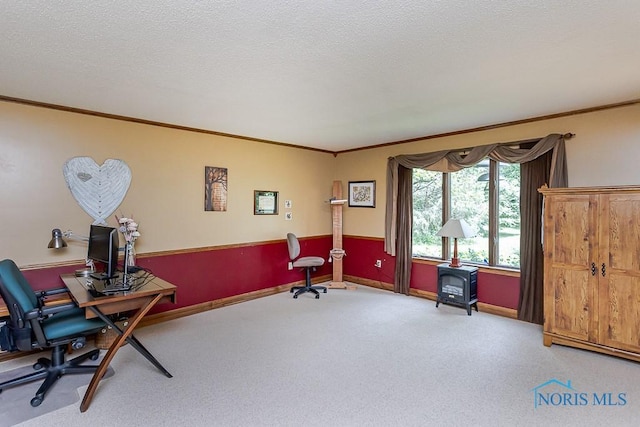 12949 Shaffer Rd, Swanton, OH 43558 - office area featuring light colored carpet, crown molding, and a textured ceiling