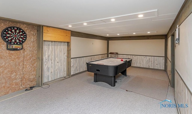 12949 Shaffer Rd, Swanton, OH 43558 - playroom with recessed lighting, carpet flooring, wood walls, and a wainscoted wall