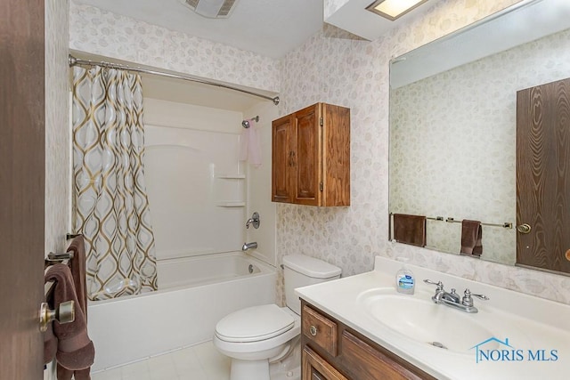 12949 Shaffer Rd, Swanton, OH 43558 - bathroom featuring toilet, shower / bathtub combination with curtain, wallpapered walls, and vanity