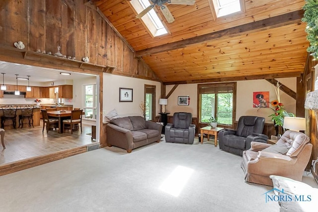 12949 Shaffer Rd, Swanton, OH 43558 - living area with a skylight, light carpet, healthy amount of natural light, high vaulted ceiling, and beam ceiling
