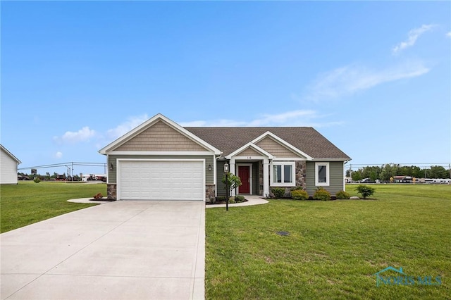 116 Wirth Ln, Sherwood, OH 43556 - craftsman house featuring concrete driveway, a front lawn, an attached garage, and stone siding