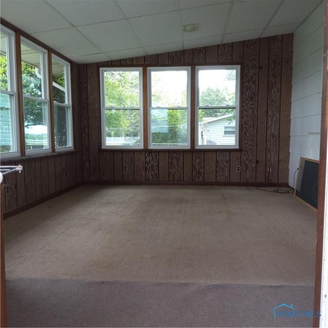 15979 Hill Rd, Defiance, OH 43512 - unfurnished room featuring healthy amount of natural light, light colored carpet, wood walls, and a paneled ceiling