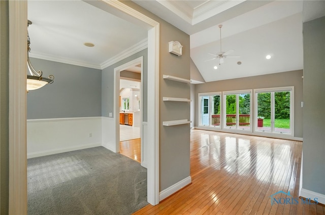 3236 Deep Water Ln, Maumee, OH 43537 - hallway with hardwood / wood-style floors, lofted ceiling, crown molding, and recessed lighting