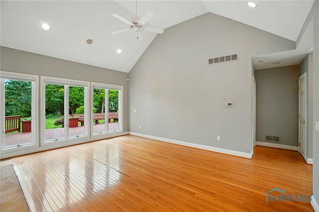 3236 Deep Water Ln, Maumee, OH 43537 - unfurnished living room featuring high vaulted ceiling, light wood-type flooring, a ceiling fan, and recessed lighting
