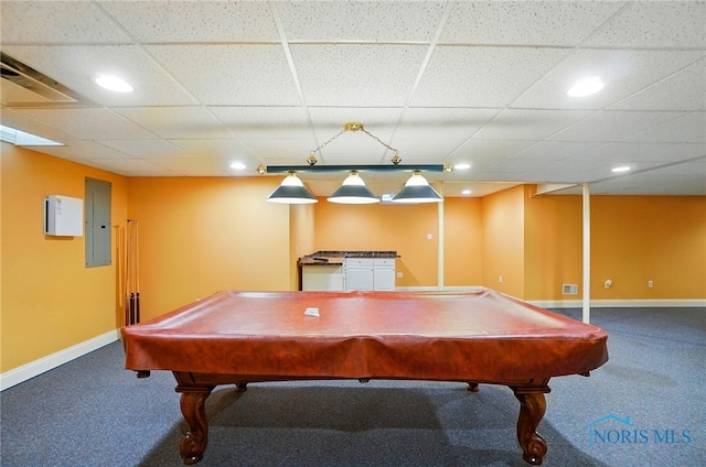 3236 Deep Water Ln, Maumee, OH 43537 - rec room featuring carpet flooring, electric panel, a paneled ceiling, billiards table, and recessed lighting