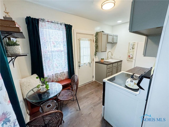 4635 Vermaas Ave, Toledo, OH 43612 - kitchen featuring electric stove, a sink, wood finished floors, and gray cabinetry