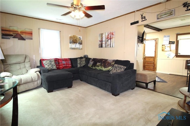 2544 110th St, Toledo, OH 43611 - living area with healthy amount of natural light, ceiling fan, ornamental molding, and carpet flooring