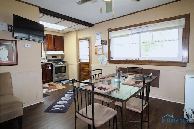 2544 110th St, Toledo, OH 43611 - dining space featuring dark wood finished floors, a wainscoted wall, a ceiling fan, and a decorative wall