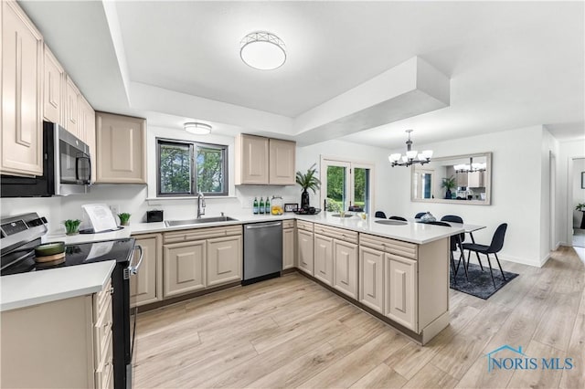 3407 Waterville Swanton Rd, Swanton, OH 43558 - kitchen with appliances with stainless steel finishes, a sink, a peninsula, a tray ceiling, and a chandelier
