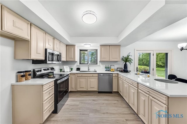 3407 Waterville Swanton Rd, Swanton, OH 43558 - kitchen featuring stainless steel appliances, a peninsula, a sink, light countertops, and light wood finished floors