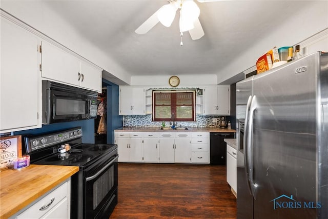 19330 N Dixie Hwy, Bowling Green, OH 43402 - kitchen featuring black appliances, a sink, dark wood-style floors, backsplash, and a ceiling fan