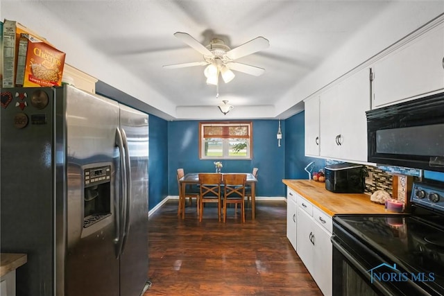 19330 N Dixie Hwy, Bowling Green, OH 43402 - kitchen featuring black appliances, white cabinets, ceiling fan, dark wood-style flooring, and butcher block countertops