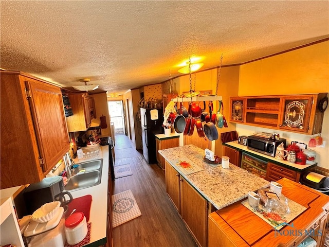 15807 State Route 49, Edon, OH 43518 - kitchen featuring stainless steel microwave, freestanding refrigerator, a sink, dark wood-type flooring, and a textured ceiling