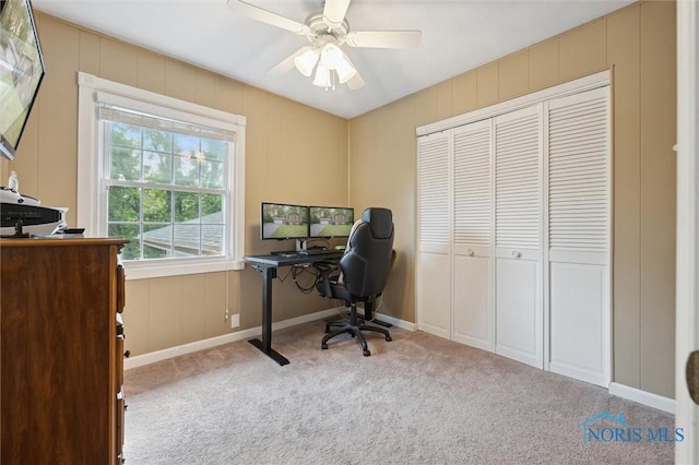 3480 Circle Dr, Delta, OH 43515 - office area featuring carpet flooring, a ceiling fan, and baseboards