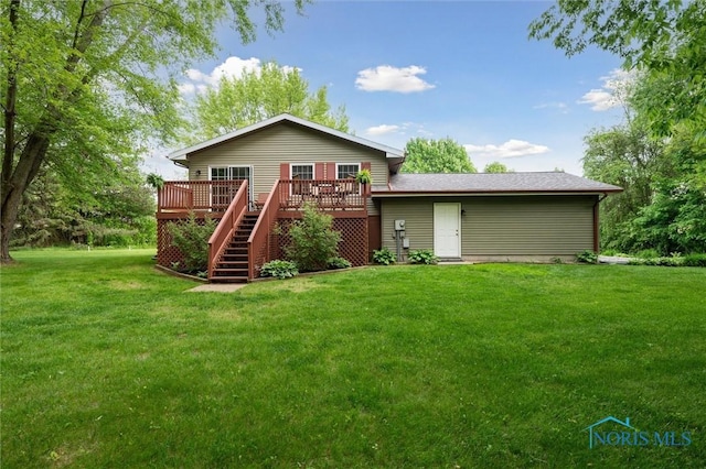 3480 Circle Dr, Delta, OH 43515 - back of property with a wooden deck, a yard, and stairs