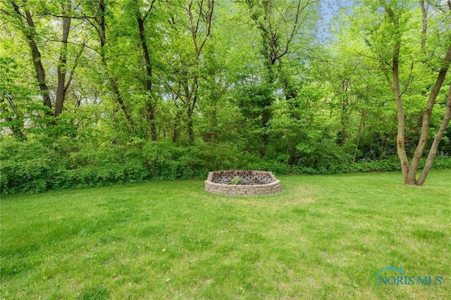 3480 Circle Dr, Delta, OH 43515 - view of grassy yard featuring a wooded view and an outdoor fire pit