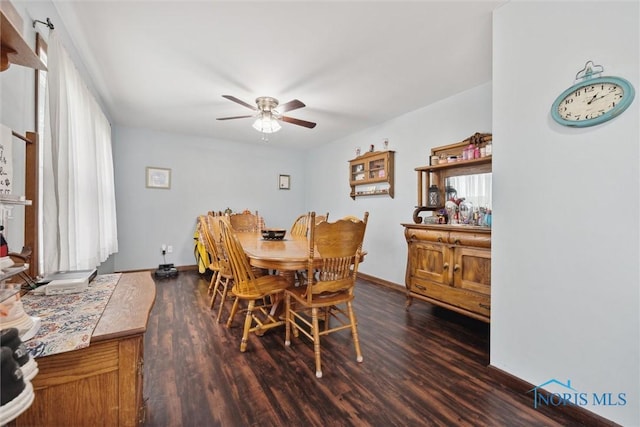 219 Illinois Dr, Bryan, OH 43506 - dining room featuring a ceiling fan, dark wood-type flooring, and baseboards