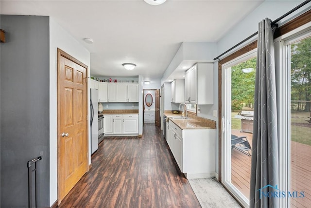 219 Illinois Dr, Bryan, OH 43506 - kitchen featuring dark wood-type flooring, freestanding refrigerator, white cabinetry, and a sink