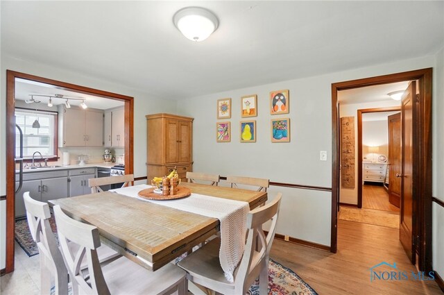 314 E 2nd St, Perrysburg, OH 43551 - dining space with light wood-style floors, rail lighting, and baseboards