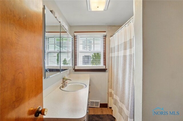 314 E 2nd St, Perrysburg, OH 43551 - full bathroom featuring vanity, healthy amount of natural light, wood finished floors, and curtained shower