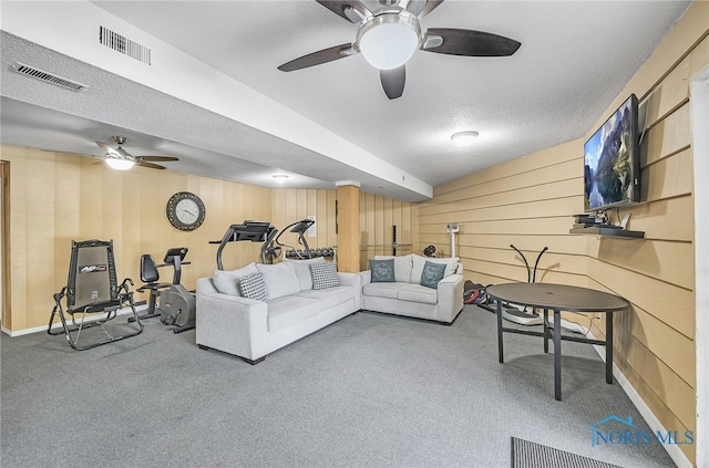 6640 Salisbury Rd Unit 212, Maumee, OH 43537 - carpeted living room with a ceiling fan, a textured ceiling, and wood walls