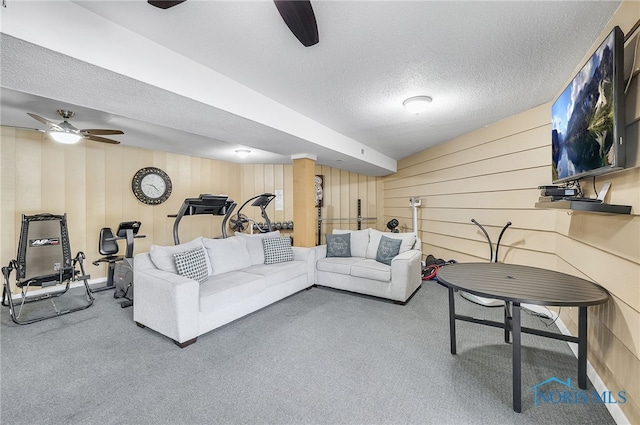 6640 Salisbury Rd Unit 212, Maumee, OH 43537 - carpeted living room featuring ceiling fan, a textured ceiling, and wooden walls