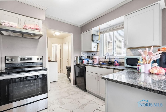 2146 Alvin St, Toledo, OH 43607 - kitchen with electric range, under cabinet range hood, white microwave, black dishwasher, and ornamental molding