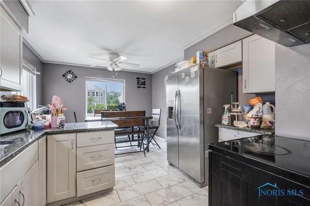 2146 Alvin St, Toledo, OH 43607 - kitchen featuring extractor fan, stainless steel appliances, light marble finish flooring, ornamental molding, and a ceiling fan