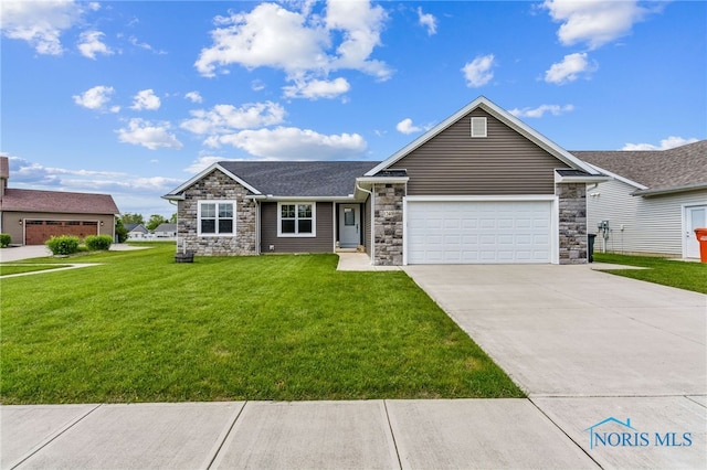 1240 Ithica Ct, Findlay, OH 45840 - single story home with stone siding, a garage, a front lawn, and concrete driveway