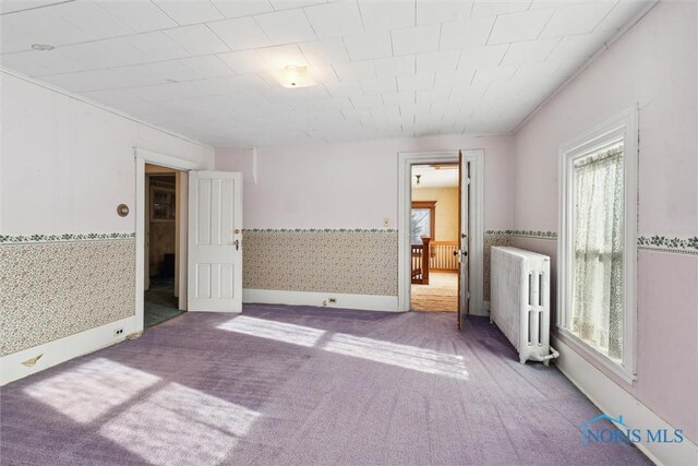 206 W Main St, Fayette, OH 43521 - carpeted empty room with radiator heating unit, wainscoting, wallpapered walls, and crown molding