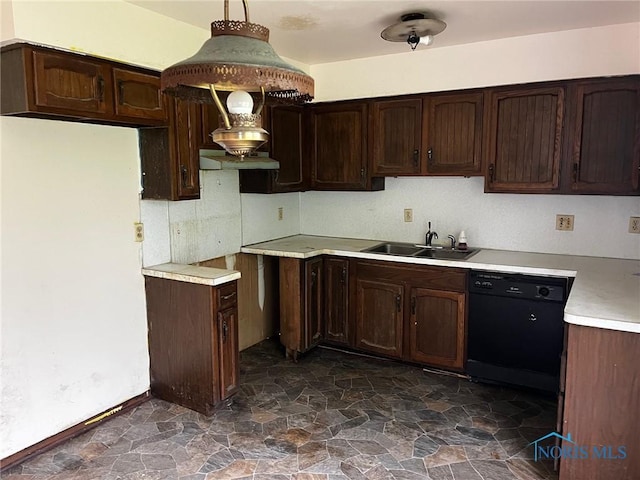 3431 Worley Pl, Toledo, OH 43608 - kitchen with black dishwasher, a sink, dark stone finish flooring, and dark brown cabinets