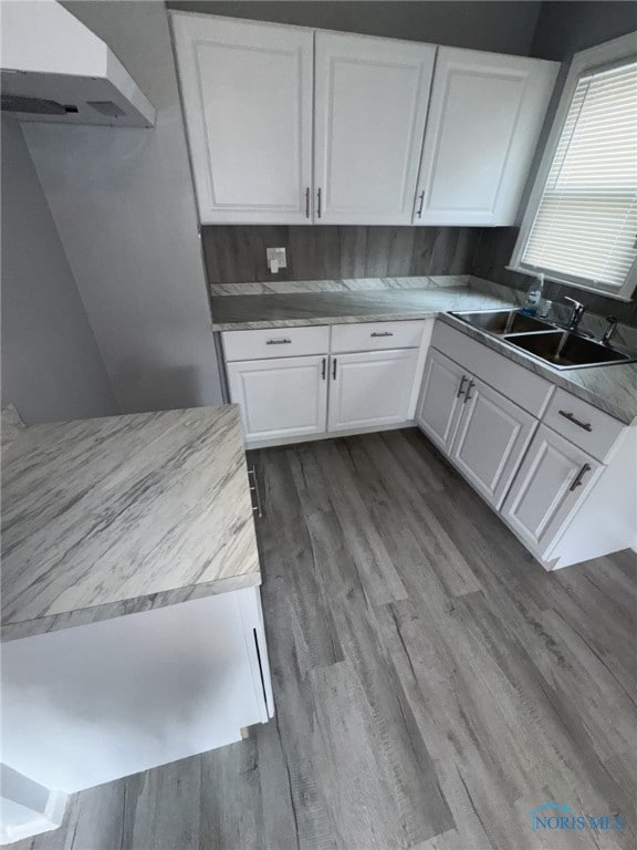 642 Brookley Blvd, Toledo, OH 43607 - kitchen with a sink, exhaust hood, white cabinetry, dark wood-type flooring, and light countertops