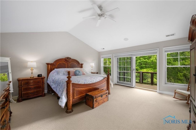 1860 Watermill Ln, Perrysburg, OH 43551 - carpeted bedroom featuring access to outside, vaulted ceiling, and ceiling fan