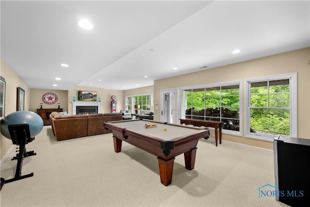 1860 Watermill Ln, Perrysburg, OH 43551 - recreation room with carpet floors, billiards, recessed lighting, a lit fireplace, and baseboards