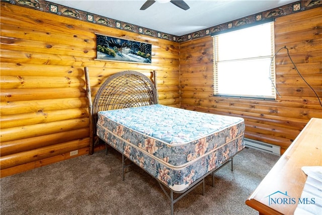 555 Race St, Clyde, OH 43410 - carpeted bedroom with a baseboard radiator, rustic walls, and a ceiling fan
