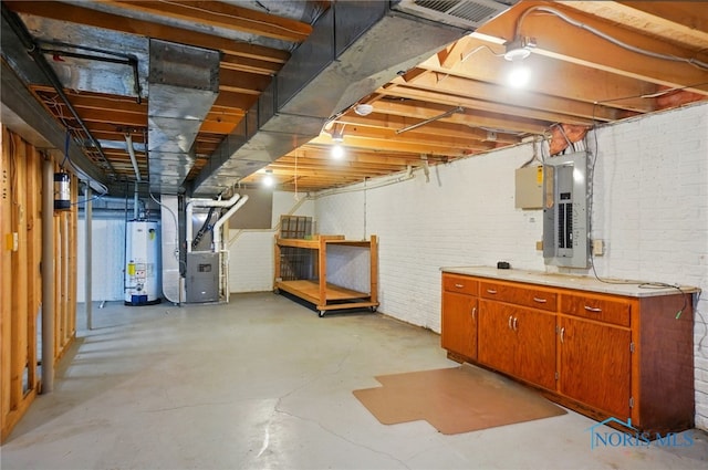 4820 Olde Meadow Ln, Sylvania, OH 43560 - unfinished basement with electric panel, water heater, heating unit, and brick wall