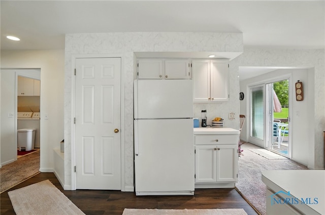 5733 Brook Cliffe Rd, Toledo, OH 43614 - kitchen with freestanding refrigerator, separate washer and dryer, white cabinets, light countertops, and recessed lighting