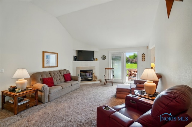 5733 Brook Cliffe Rd, Toledo, OH 43614 - carpeted living area featuring a glass covered fireplace and high vaulted ceiling